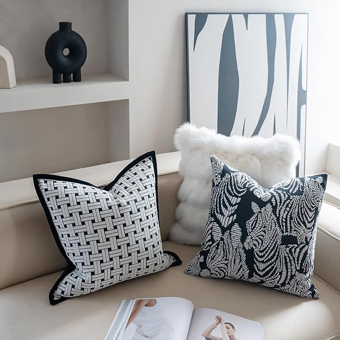 Premium Throw Pillow Covers 22x22 Inches - Black Interlaced Weave Grid Framed Chenille Jacquard Embroidery Decorative Couch Pillow Covers for Living Room Bedroom Sofa
