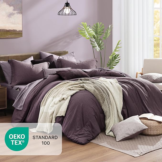 Monbix California King Comforter Set - 7 Pieces Cationic Dyeing Italian Plum Bed in a Bag Cal King Bed Sets with Comforter, Sheets, Pillowcases & Shams, Reversible Bedding Comforters Sets (108 * 92)