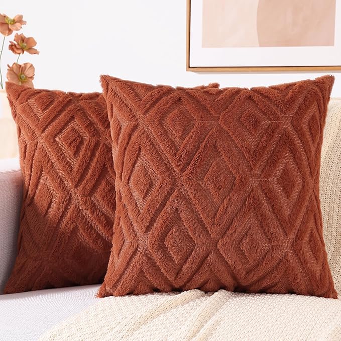 decorUhome Fall Couch Throw Pillow Covers 22x22 Set of 2, Decorative Soft Plush Faux Wool Neutral Accent Pillow Covers for Bed Sofa Living Room, Rust