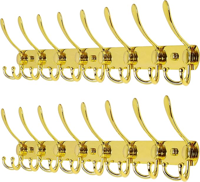 Dseap Coat Rack Wall Mount - 29.5” Long 8-Tri-Hooks Heavy Duty Coat Hanger Rail Wall Hooks for Hanging Coats Hats Clothing Clothes Purse Mudroom Entryway, Gold, Pack of 2