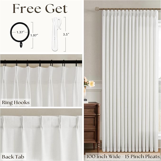 Extra Wide Linen Curtains 102 Inches Long 100 Inch Wide for Living Room Bedroom Light Filtering Beige Off White Pinch Pleated Curtains Hooks Rings Back Tab for Sliding Glass Door 1 Panel 100x102