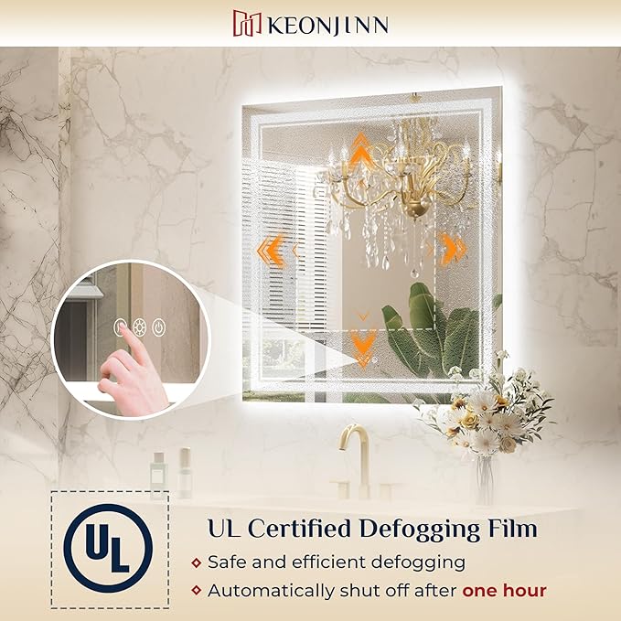Keonjinn LED Bath Mirror 40” x 36” with Frontlit and Backlit, Stepless 3 Colors Temperature & Dimmable Vanity Mirror, UL Listed LED Driver, Double Light Strips, Anti-Fog Wall Mirror with Lights