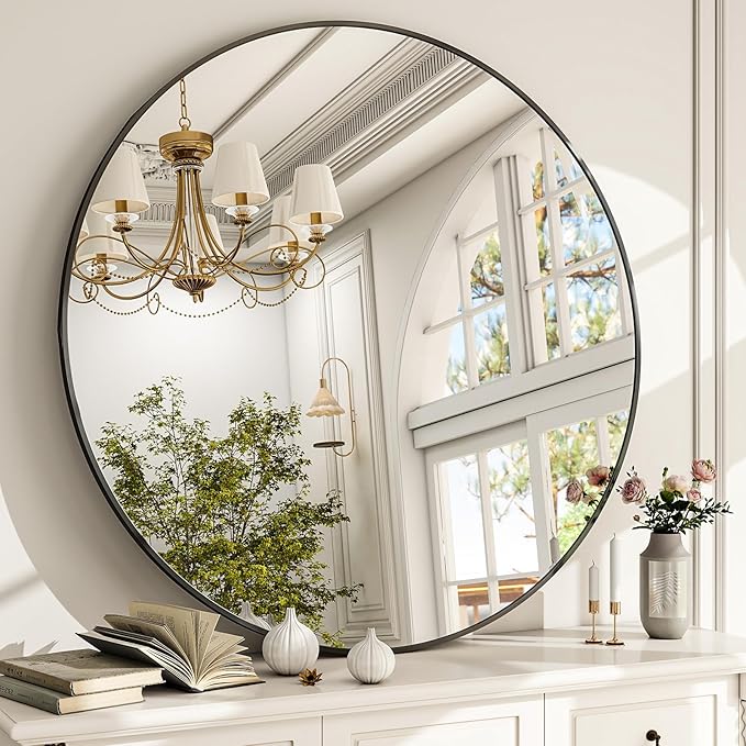Round Mirror Wall Mounted Mirror- 32" Circle Mirror Bathroom Vanity Mirror with Aluminum Frame for Bedroom Living Room, Entryway Decor Black Mirror
