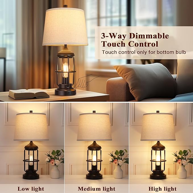 Qimh Table Lamp for Bedroom Set of 2 with USB A+C Ports, Farmhouse Bedside Lamp with Night Light, 3-Way Dimmable Touch Control, Rustic Industrial Nightstand Lamp for Living Room (2700K Bulbs Included)