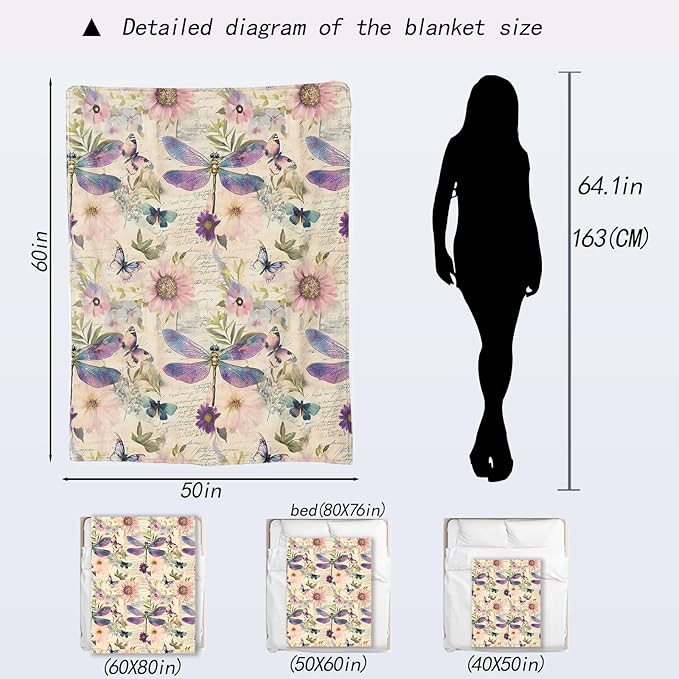 Dragonfly Blanket - Retro Butterfly Floral Pastel Fleece Throw,Gifts for Kids Women, Soft & Warm,Lightweight, for Modern Rustic Boho Decor, Nature Lovers, and Room Home Accents 40x50in