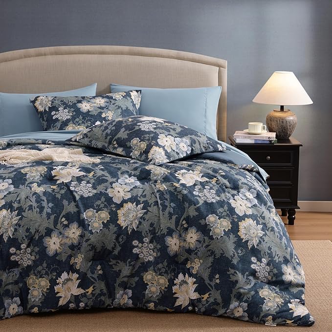 Queen Comforter Set -7 Pieces Floral Navy Blue Comforter Set for All Seasons, Bed in a Bag Queen with Botanical Flowers Comforter, Sheets, Pillowcases & Shams