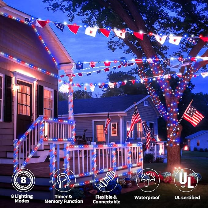 100ft LED Rope Lights Outdoor, 720 LED Connectable & Flexible Tube Lights with 8 Modes, Waterproof LED Rope Lighting for Independence Flag Day, Memorial Day, Outdoor,Indoor Decor (Red & White & Blue)