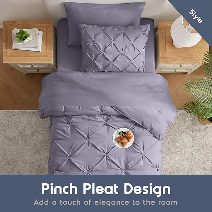 Nestl Twin Comforter Set 5 Piece - Pintuck Twin Bedding Sets Dusty Purple, College Room Essentials for Girls and Boys Bed in a Bag All Season, Comforter Set with Sheets, Pillowcase and Sham