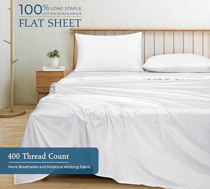 400 Thread Count 100% American Grown Cotton White Flat Sheet Only - Cooling Sheets - Luxury Sateen Weave - Twin Size Flat Sheet Sold Separately - Super Soft Cotton Top Sheets (Twin, Signature White)