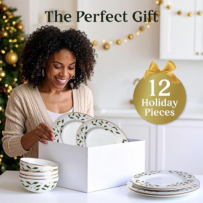 Gusto Buono Christmas World Porcelain 12Pcs Dinnerware Set – Red & Green Holly Leaf Design | 4 Cereal Bowls (5.5”), 4 Salad Plates (7.5”), 4 Dinner Plates (10.5”) - Perfect for Holiday Meals