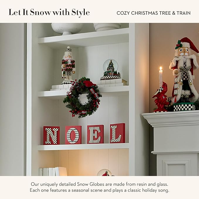 MACKENZIE-CHILDS Christmas Snow Globe and Music Box, Unique Musical Snow Globe Christmas Decoration, Cozy Christmas Tree and Train
