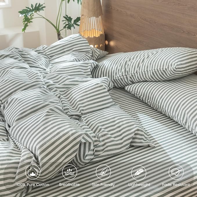 MooMee Striped Duvet Cover Set 100% Washed Cotton Linen Like Textured Breathable Durable Soft Comfy (Heathered Green Classic Stripes, Super King Plus 120"x120")
