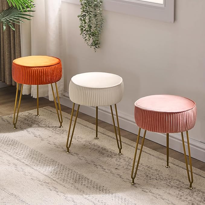 IBUYKE Velvet Round Footrest Stool Ottoman, Makeup Vanity Stool Side Table, Velvet Dressing Table Seat, Pouf Couch Stool, Golden Steel Legs, Orange LG-30J