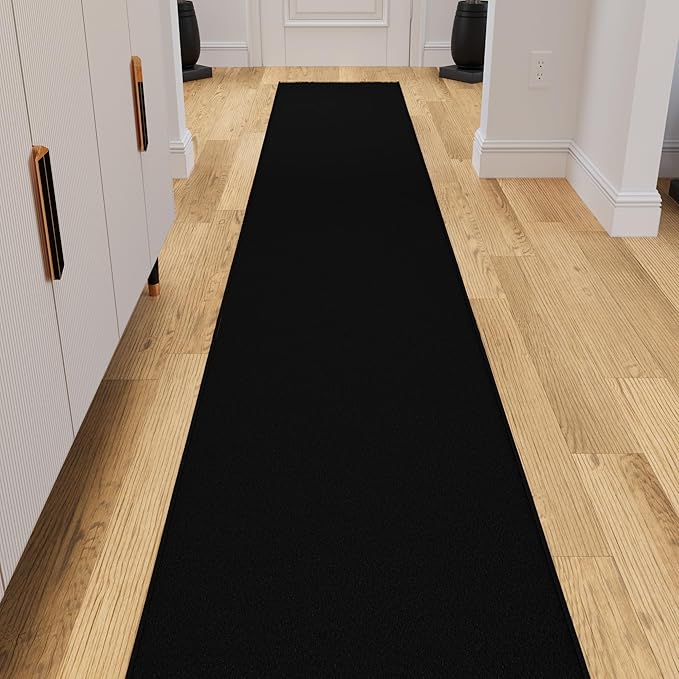Ottomanson 2x39 Non Slip Extra Long Hallway Runner Rug with Rubber Backing - Solid Modern Kitchen Rug for Bedroom or Living Room, Black, 2' x 39'