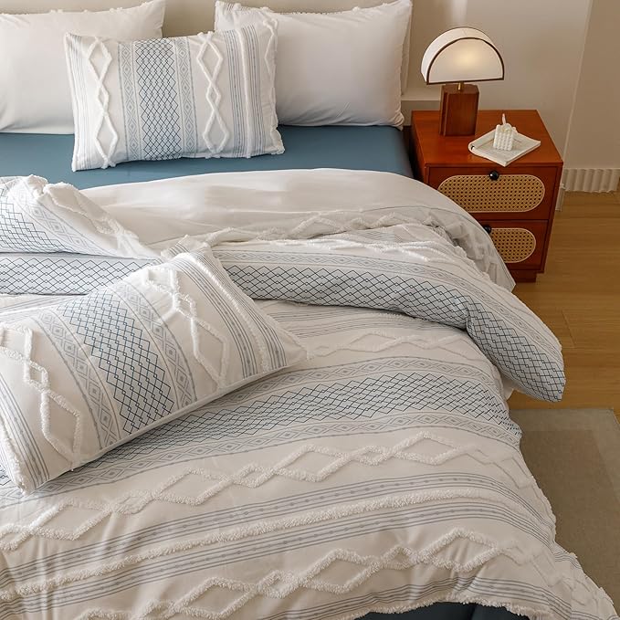 KAREVER Ivory Blue Boho Comforter Set Queen Mixed Textures Jacquard Bedding Set Durable Chic and Stylish Bedroom Set