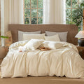 MooMee Wavy Striped Duvet Cover Set 100% Washed Cotton Linen Like Textured Breathable Durable Soft Comfy (Cream White, Cal King 104"x98")