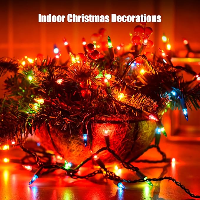 Christmas Lights Multicolor 100 Count Incandescent Light UL Certified Connectable Christmas Tree Lights with Green Wires for Indoor Outdoor Xmas, Wedding, Holiday, Party, Home Decorations
