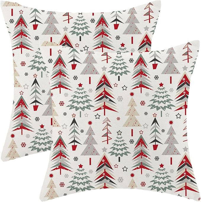 Christmas Pillow Covers 16 x 16 Inch, Colorful Red Green Grey Christmas Tree Decor Throw Pillows for Home Couch Bed, Winter Xmas Snowflake Decorative Pillowcase Linen Cushion Cover Set of 2