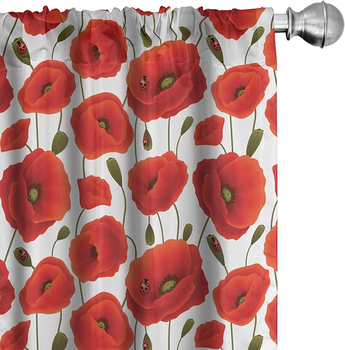 Ambesonne Poppy Flower Window Curtains Pack of 2, Springs Ladybugs Animals and Plants Flora Fauna Nature, Lightweight Set with Rod Pocket, 4 Panels of - 28" x 63", Burnt Orange Olive Green