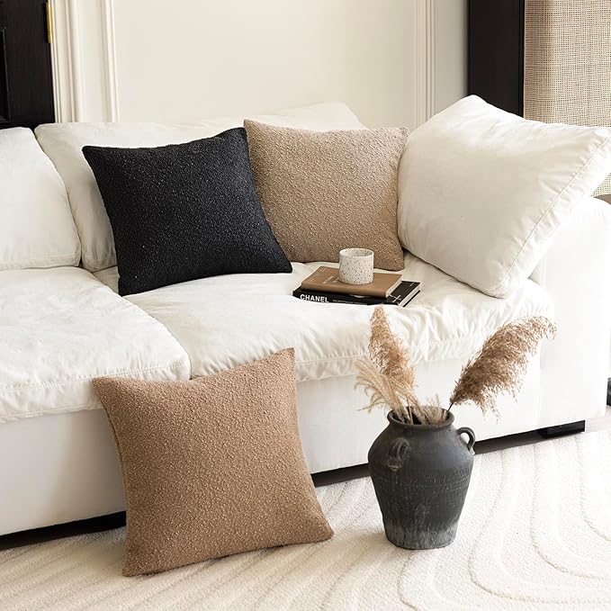 Foindtower Decorative Textured Boucle Throw Pillow Covers Accent Solid Pillow Cases Neutral Soft Cozy Couch Cushion Case for Chair Sofa Bedroom Living Room Home Decor 20 x 20 Inch,Black