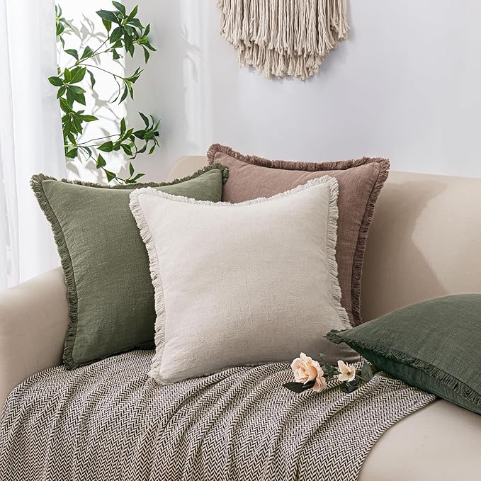Woaboy Set of 2 Decorative Linen Fringe Throw Pillow Covers Boho Farmhouse Cushion Covers Accent Pillowcases with Tassels for Living Room Couch Sofa Bed Chair,20x20 Inch,Beige