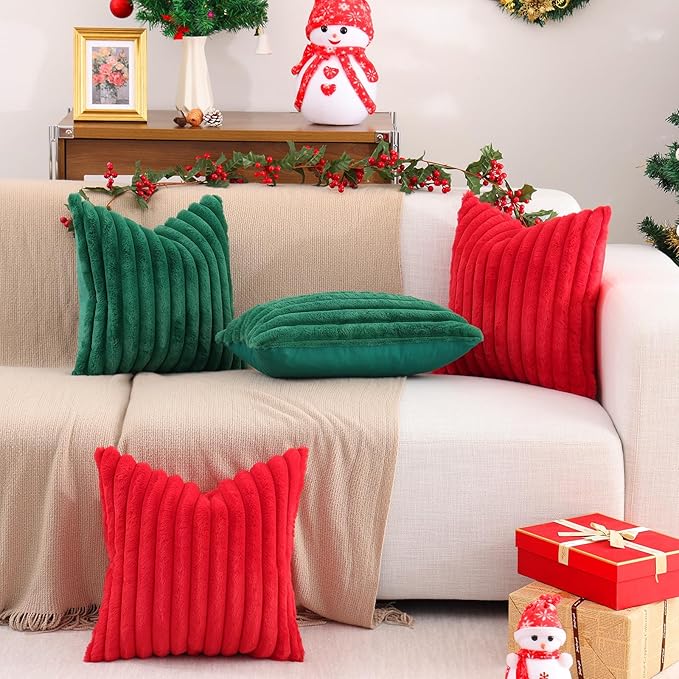 Pallene Faux Fur Plush Christmas Throw Pillow Covers 24x24 Set of 2, Luxury Soft Fluffy Striped Decorative Pillow Covers for Sofa, Couch, Living Room, Christmas Green
