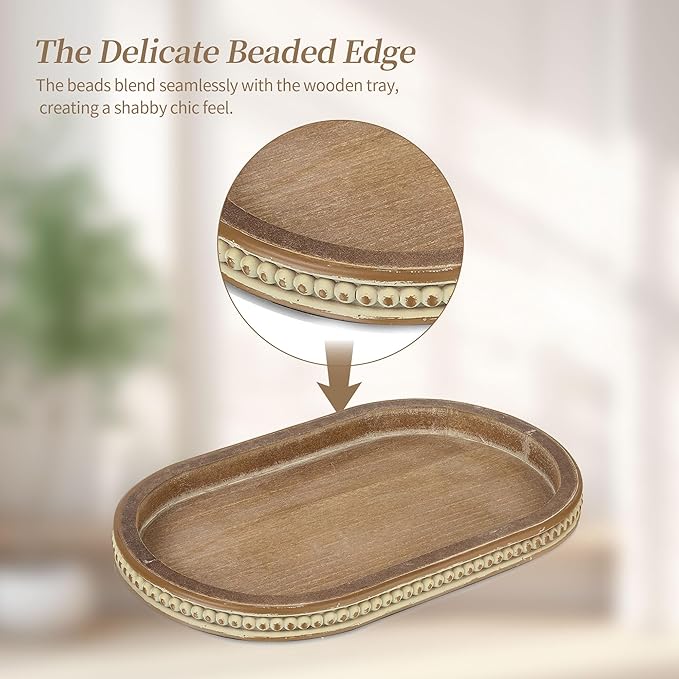 Hanobe Decorative Serving Tray Wood: Brown Bead Oval Tray for Coffee Table Rustic Wooden Trays Decor Farmhouse Kitchen Counter Tray Vintage Centerpiece for Living Room Home Organizer