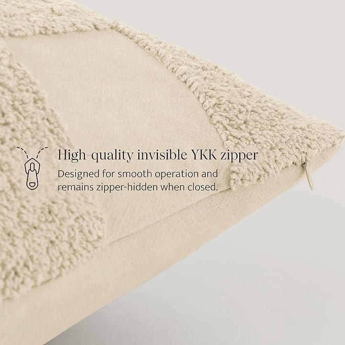 Double Stitch 100% Cotton Throw Pillow Covers - Checkered Tufted Boho Decorative Pillow Covers 20x20, Made in India, Square Cushion Case, Modern Home Decor for Couch, Sofa, Living Room, Beige