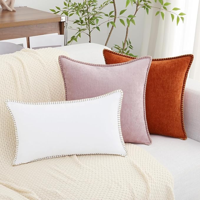 decorUhome Chenille Soft Throw Pillow Covers 16x16 Set of 2, Farmhouse Velvet Neutral Decorative Euro Pillow Covers with Stitched Edge for Couch Sofa Bed Home Decor, White