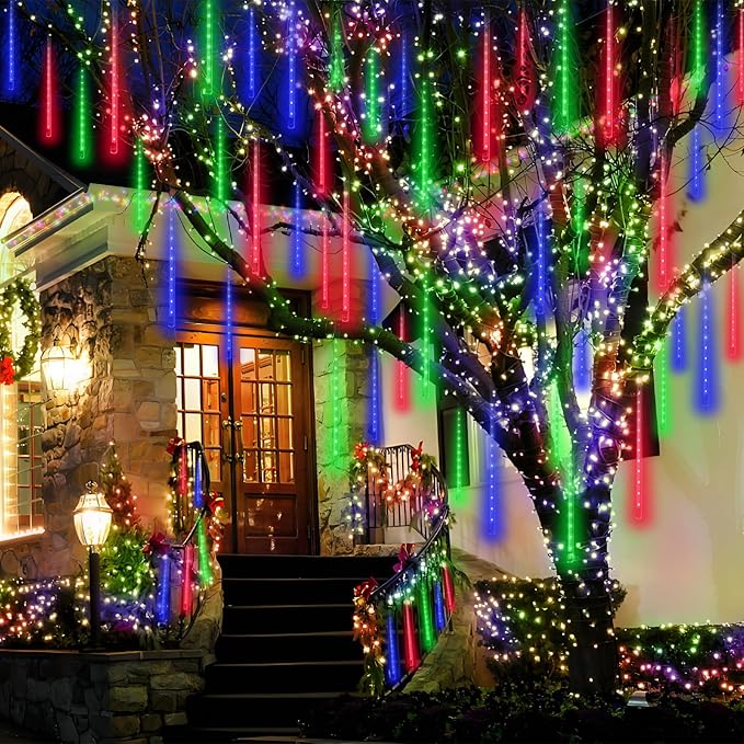 Aukora Christmas Lights Outdoor, 24 Tubes 576 LEDs Meteor Shower Light, Icicle Snow Falling Rain Lights for Xmas Tree Christmas Decorations Wedding Party Holiday Garden Decor, UL Plug (Multicolor)