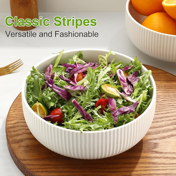 60oz Salad Bowl Set,2 Pack Serving Bowls for Entertaining,8inch Large White Ceramic Bowl for Side Dishes,Soup, Pho, Cereal, Pasta, Fruit, Microwave and Dishwasher Safe