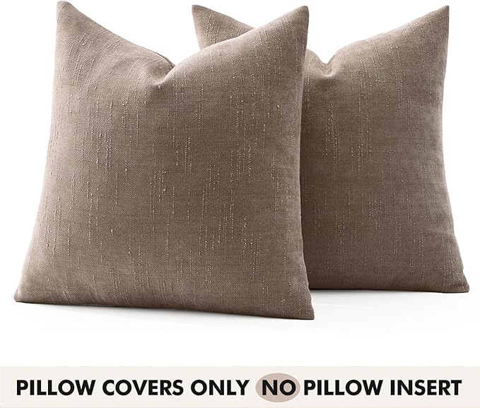 Woaboy Set of 2 Textured Throw Pillow Covers Decorative Soft Accent Square Chenille Pillowcases Neutral Farmhouse Cushions Modern Home Decor for Couch Sofa Bedroom Living Room 20x20 Inch, Light Taupe