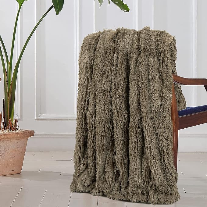 Tuddrom Decorative Extra Soft Faux Fur Throw Blanket 70"x78",Solid Reversible Fuzzy Lightweight Long Hair Shaggy Blanket,Fluffy Cozy Plush Fleece Comfy Microfiber Blanket for Couch Sofa Bed,Brown