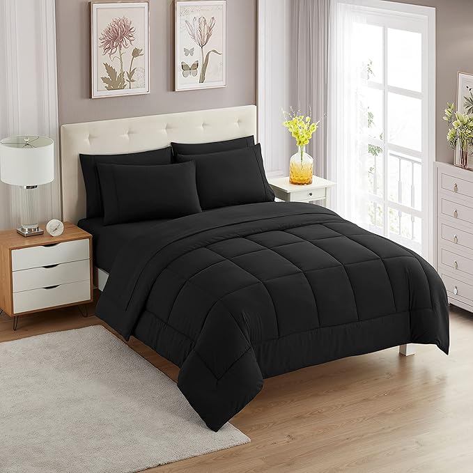 Sweet Home Collection 5 Piece Comforter Set Bag Solid Color All Season Soft Down Alternative Blanket & Luxurious Microfiber Bed Sheets, Black, Twin XL