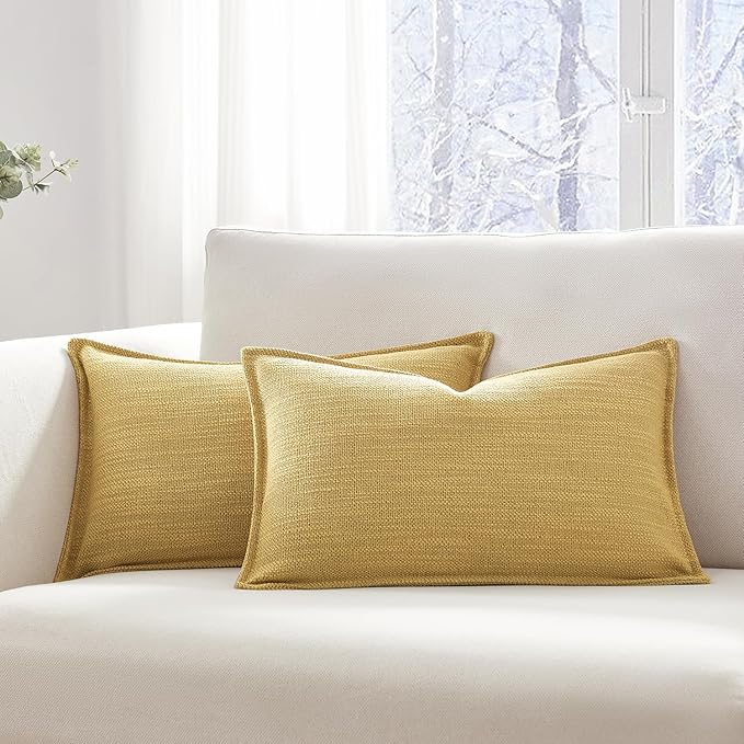 Meekio Set of 2 Mustard Yellow Pillow Covers 12x20, Linen Look Throw Pillow Covers with Flange Edge for Sofa Couch Living Décor