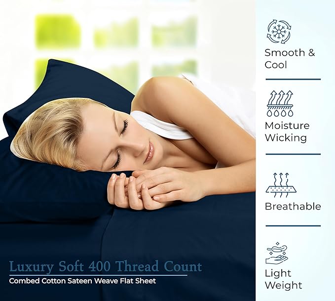 400 Thread Count 100% American Grown Cotton Navy Flat Sheet Only - Cooling Sheets - Luxury Sateen Weave - Full Size Flat Sheet Sold Separately - Super Soft Cotton Top Sheets (Full, Rivera Navy)