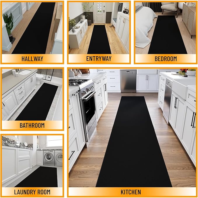 Ottomanson 3x35 Non Slip Extra Long Hallway Runner Rug with Rubber Backing - Solid Modern Kitchen Rug for Bedroom or Living Room, Black, 2'7" x 35'