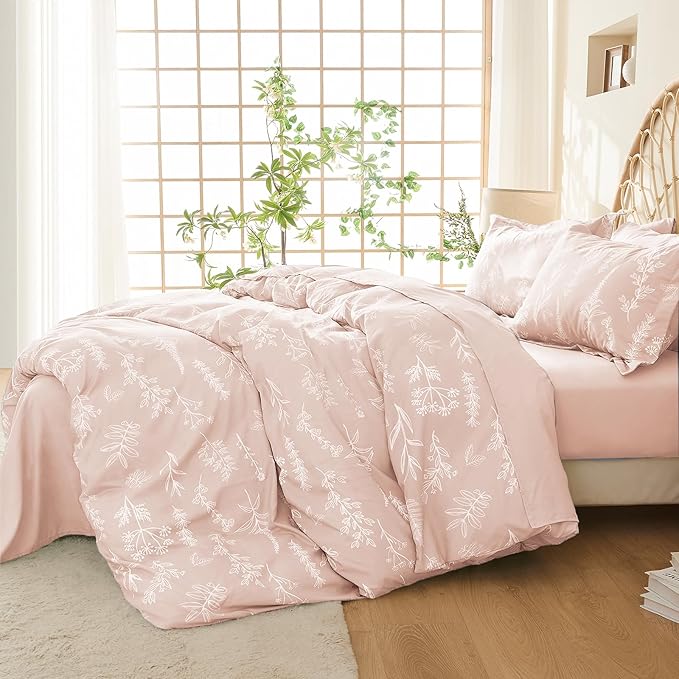 MUXHOMO Cameo Pink Cal King Comforter Set, Elegant Floral Print Bed in a Bag 7 Pieces, Ultra Soft & Breathable Reversible Botanical Pattern Bedding Set with Comforter, Sheets, Pillowcases, and Shams