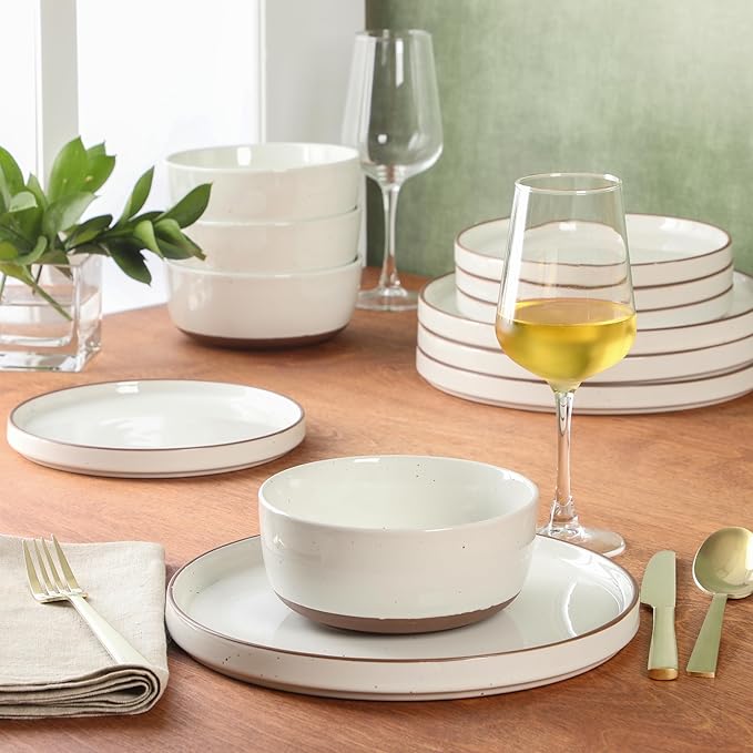 Gibson Elite Northrock Stoneware Dinnerware Set, 16-Piece Service for 4 Plates and Bowls Set – White Dishes with Hand-Painted Terracotta Base