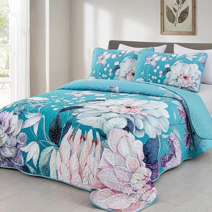 Drucon Floral Quilt King Size - 3 Pieces Aqua Blue Quilt Botanical Bedspread Soft Lightweight Flower Bedding Set for All Season (104"x90")