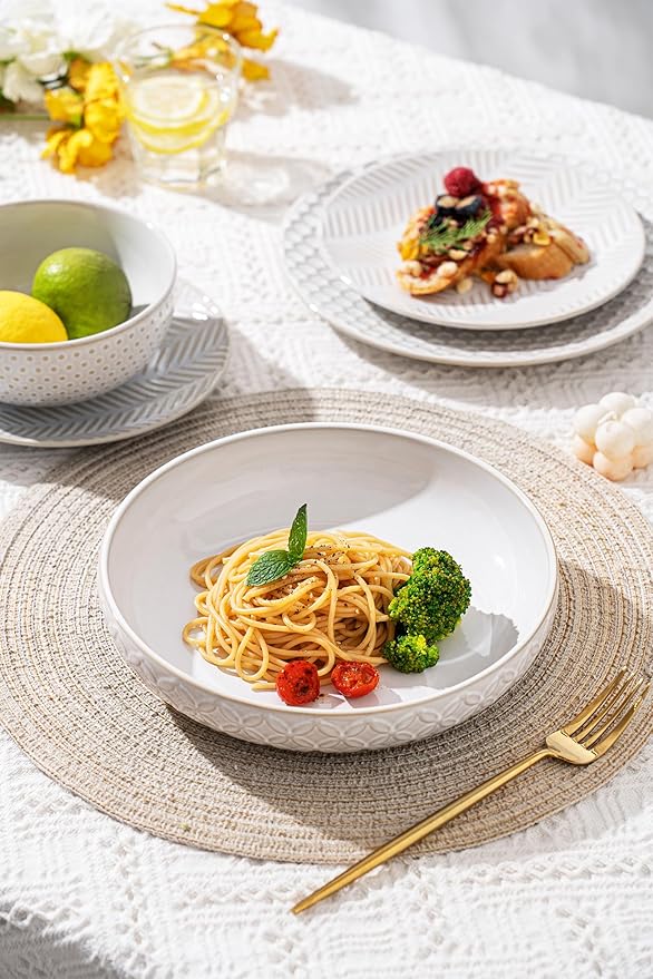 Embossed Ceramic Pasta Bowls Set of 4 – Medium 7.5-Inch, 26oz Serving Bowls for Pasta, Salad, Fruit – Stackable, Microwave & Dishwasher Safe – Great Gift for Housewarming or Everyday Use