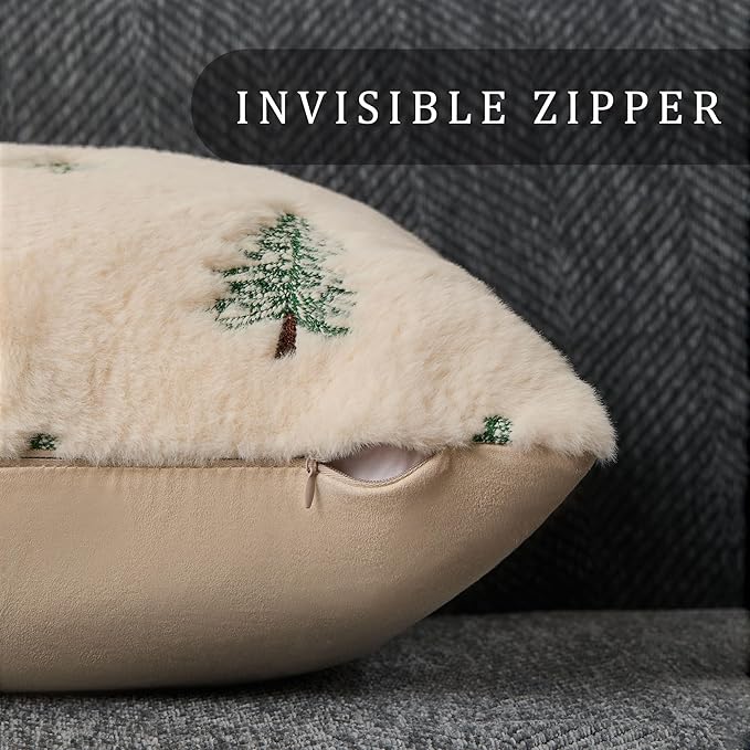 DFXSZ Christmas Pillow Covers 20x20 inch Set of 2 Green Embroidered Christmas Tree Decoration Beige Soft Plush Faux Fur Jacquard Throw Pillows for Bedroom Sofa Holiday Winter Home Decor PTK071C20