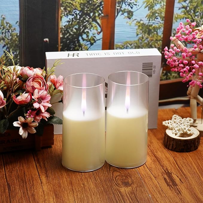 Flameless Candles Upgraded Realistic Flickering Flame,Battery Operated LED Candles with Remote Timers,Acrylic Electric Candles Set of 2(D 3" xH 6" 6")（Ivory）