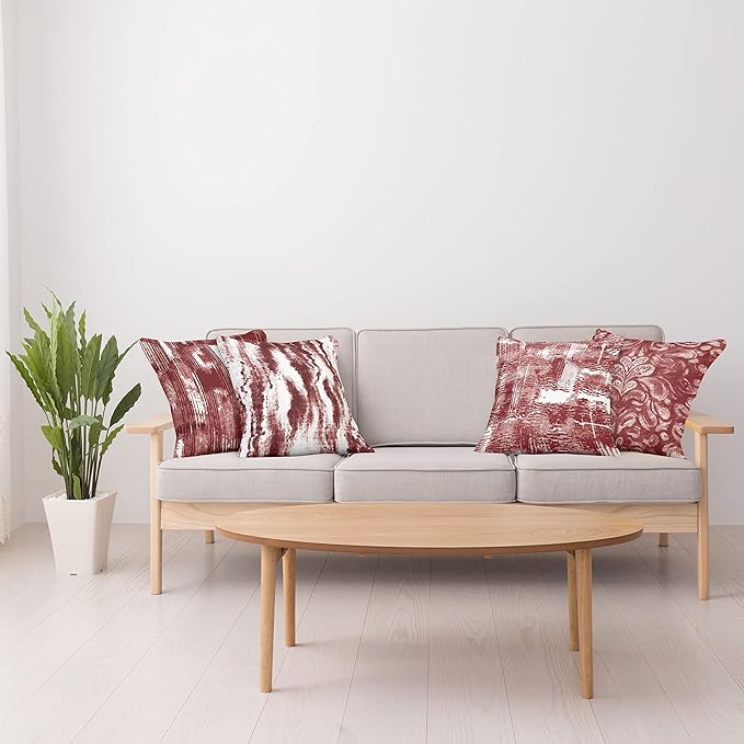 Ambesonne Vintage Throw Pillow Cushion Case Pack of 4, Abstract Grunge Effect Brushstrokes and Waving Striping Stains Paisley Drops, Modern Accent Double-Sided Digital Printing, 16", Maroon Rust White