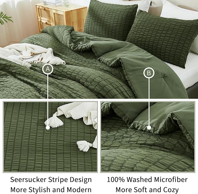 AveLom Dark Olive Green Seersucker Full Comforter Set (80x90 inches), 3 Pieces-100% Soft Washed Microfiber Lightweight Comforter with 2 Pillowcases, All Season Down Alternative Bedding Set