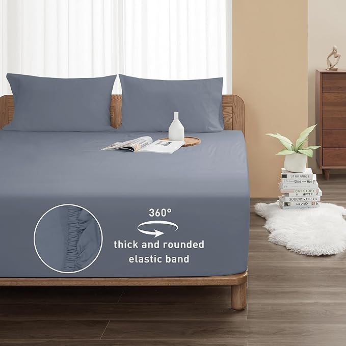 Sunflower Queen Fitted Sheet, 1-Piece Extra Deep Pocket Fitted Bottom Sheet 22", 100% Cotton Sateen Soft Breathable, Stone Blue