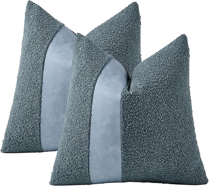 Pack of 2 Faux Leather Boucle Throw Pillow Covers 18"x18" Blue Chic Accents Textured Square Decorative Pillow Cases for Living Room Couch Bed Farmhouse Boho Home Decor