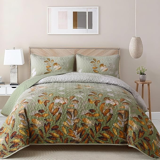 WONGS BEDDING Quilt Set Queen Size,3 Pieces Green-Brown Floral Bedspread Coverlet Set, Soft Microfiber Lightweight Floral Bedding Set Queen 96"×90"