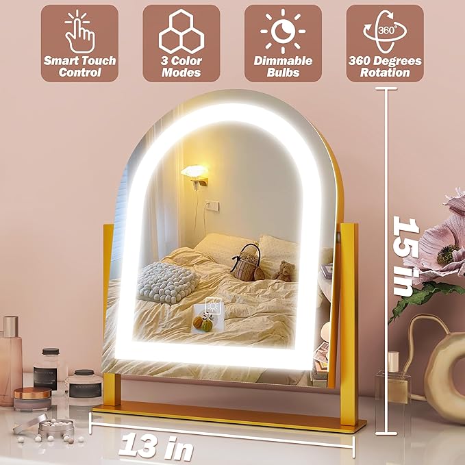 FENNIO Large Vanity Mirror with Lights - 15.5"x13" LED Lighted Makeup Mirror with Lights, 10X Magnification, Touch Screen with 3-Color Lighting, Dimmable, for Vanity Desk Tabletop, Bedroom（Gold）