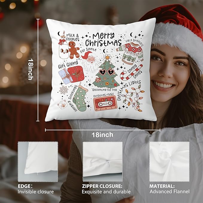 Cute Christmas Throw Pillow Covers 18x18, Retro Santa Milk Cookies Xmas Decor, Decorative Covers for Couch, Living Room Bedroom Home